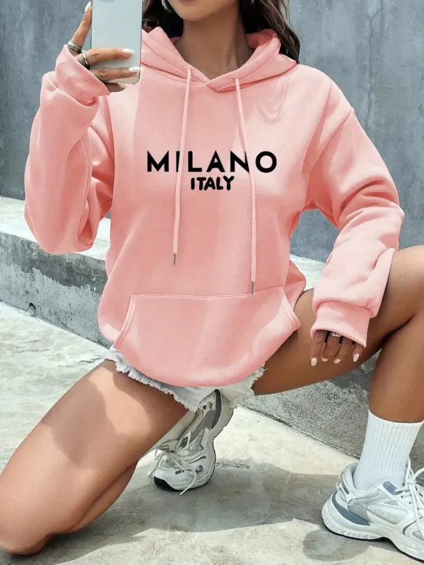 Trendy MILANO Print Kangaroo Pocket Hoodie, Casual Long Sleeve Drawstring Hooded Sweatshirt, Women's Clothing| Hoodiesfusion