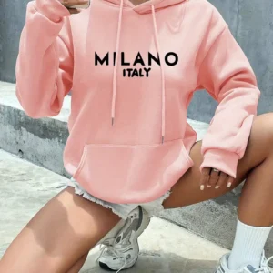 Trendy MILANO Print Kangaroo Pocket Hoodie, Casual Long Sleeve Drawstring Hooded Sweatshirt, Women's Clothing| Hoodiesfusion