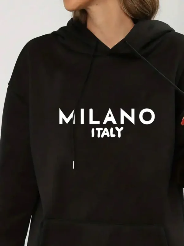 Trendy MILANO Print Kangaroo Pocket Hoodie, Casual Long Sleeve Drawstring Hooded Sweatshirt, Women's Clothing| Hoodiesfusion